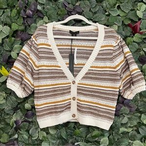 House of Harlow 1960-Crotchet knit Crop Cardigan Puff Sleeves Gold Stripe Medium